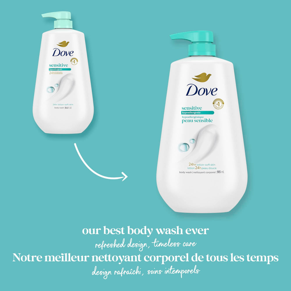Soin doux Dove Gel douche, peau sensible ressentie avec douceur durable.