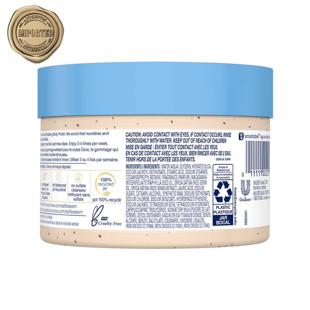Gommage Dove Macadamia et Lait de Riz, exfoliation douce révélant une peau lumineuse.