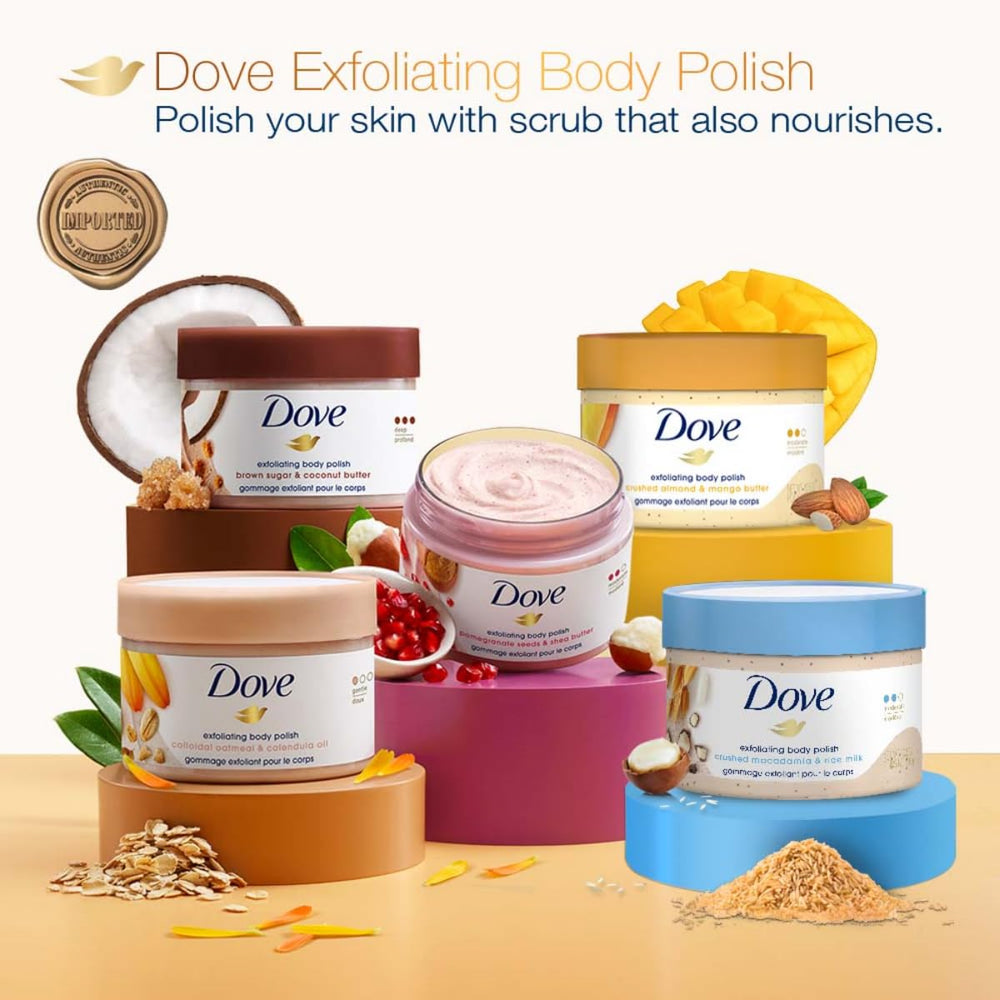 Gommage Dove Macadamia et Lait de Riz, idéal pour préparer le rasage et lisser la peau.