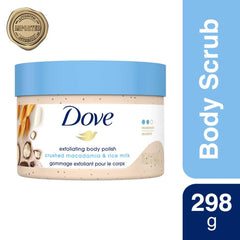 Gommage Dove Macadamia et Lait de Riz, texture crèmeuse qui glisse facilement.