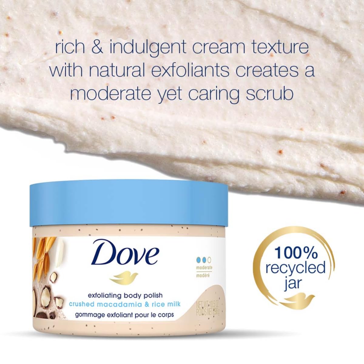 Gommage Dove Macadamia et Lait de Riz, utilisation sous la douche pour soin complet.
