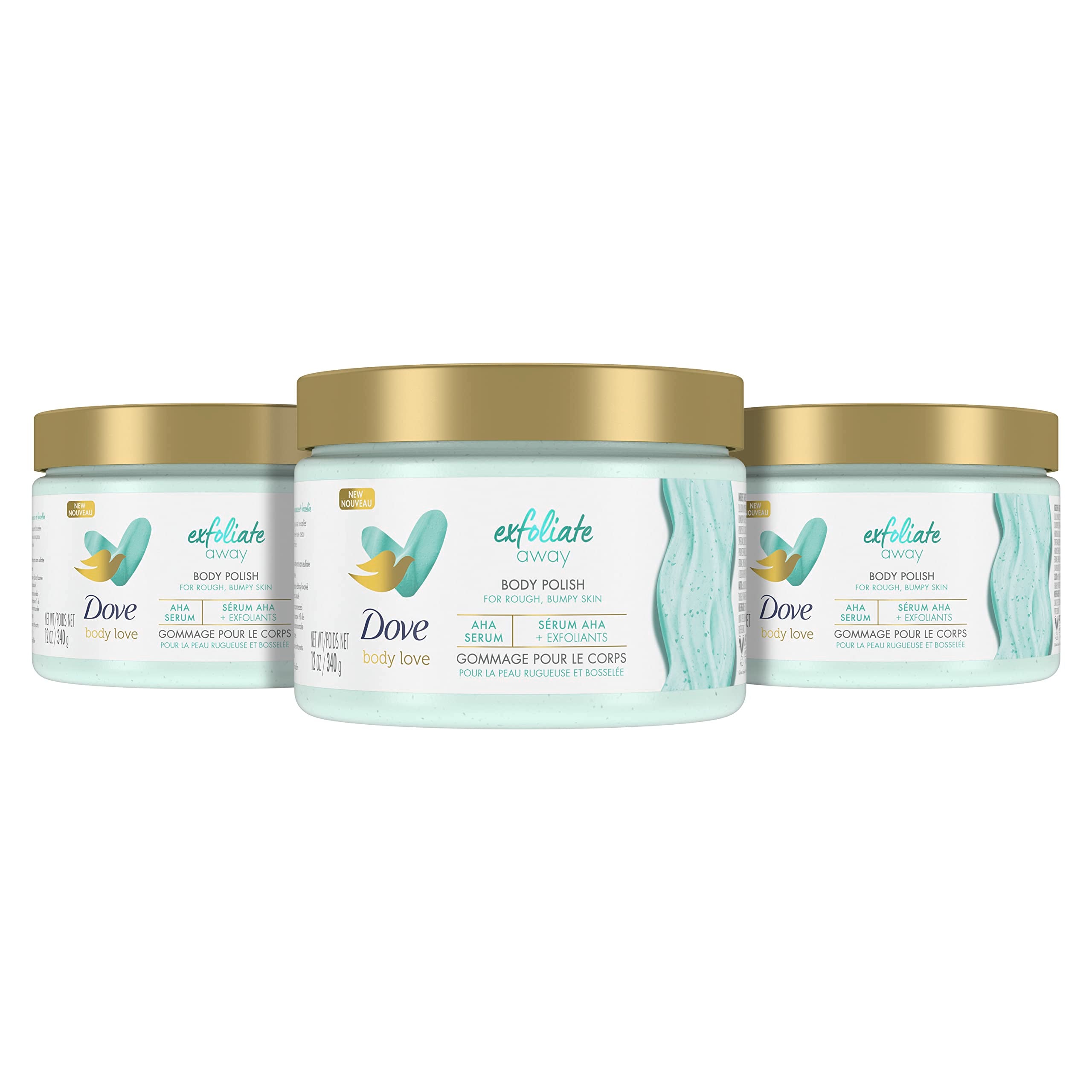 Gommage corporel Dove à texture satinée pour peau douce après la douche.
