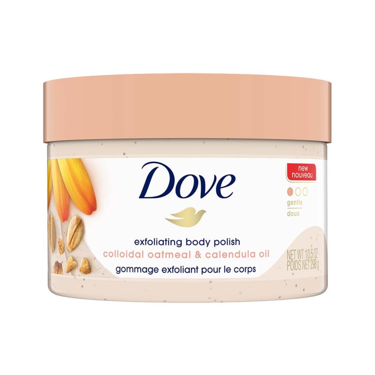 Dove gommage-corps avoine-calendula, texture onctueuse qui exfolie en douceur.