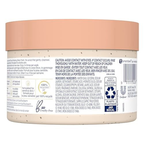 Dove gommage-corps crèmeux, massage doux pour peau nourrie et satinée.