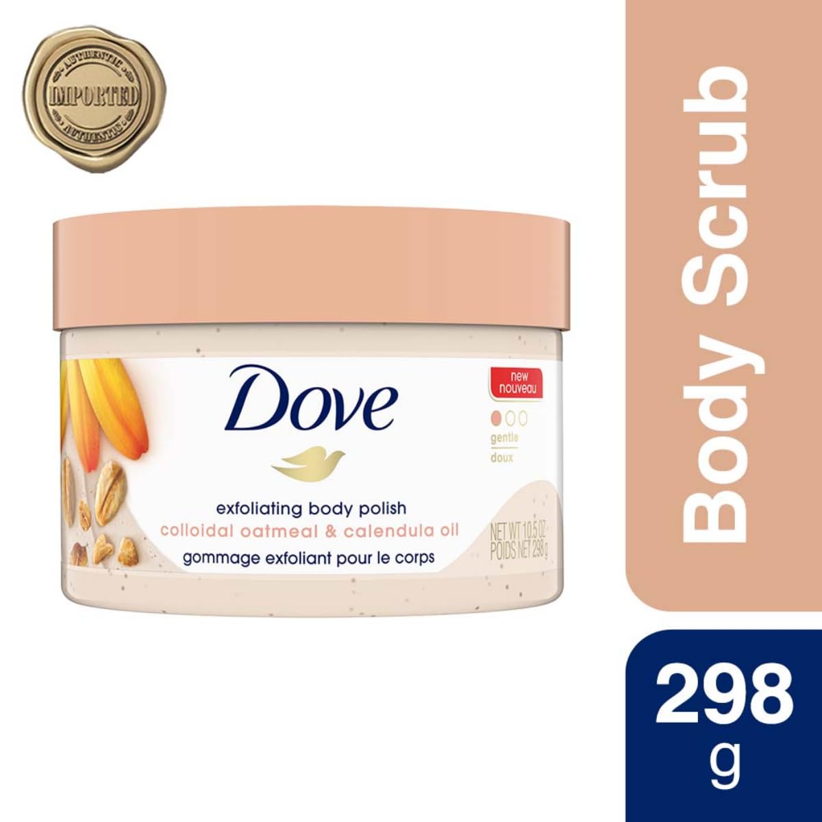 Dove gommage-corps sous la douche, peau plus lisse après rinçage.