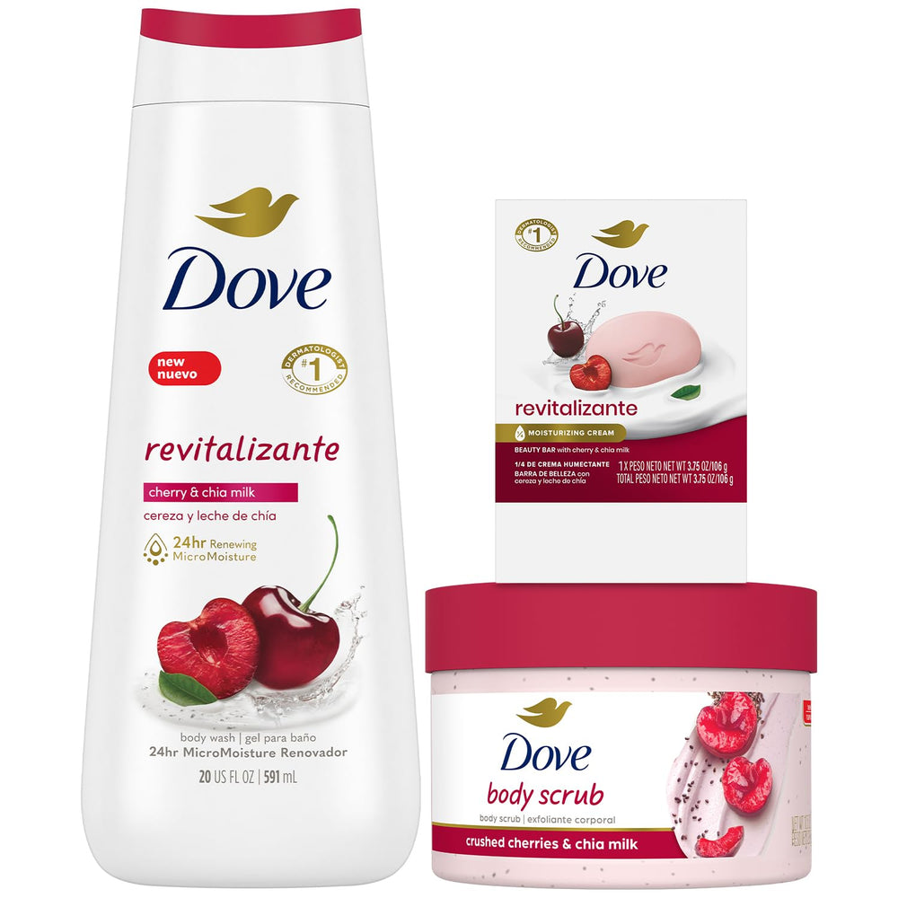 Dove Gommage Corps Cerise – pot exfoliant qui lisse et ravive l'éclat.