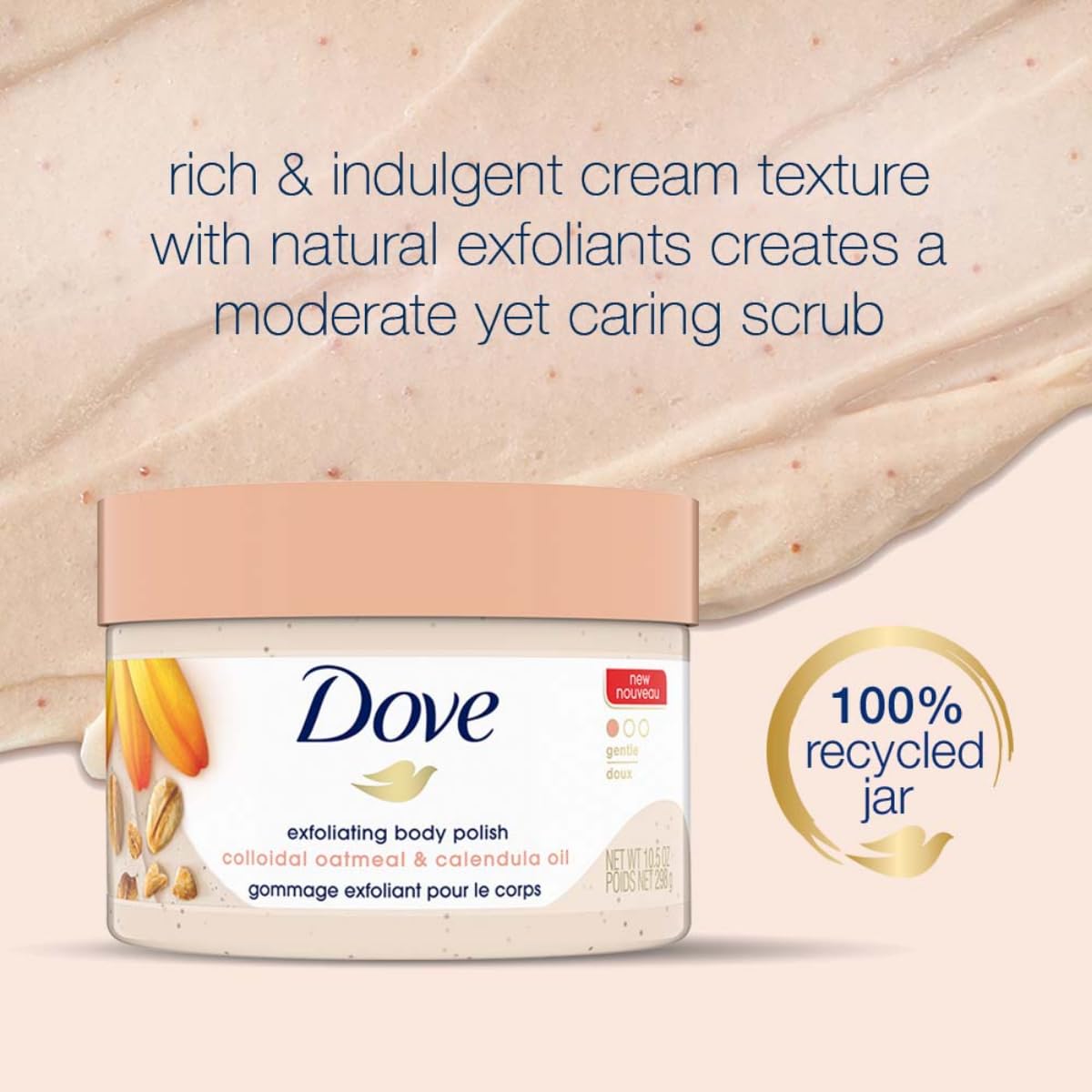 Dove gommage-corps prépare la peau au rasage avec douceur.