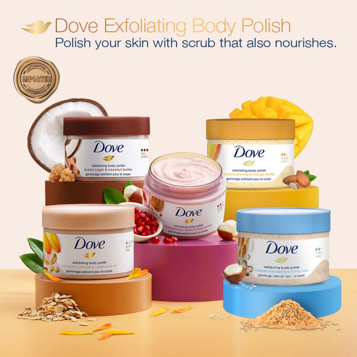 Dove gommage-corps révèle peau douce et lumineuse après rinçage.