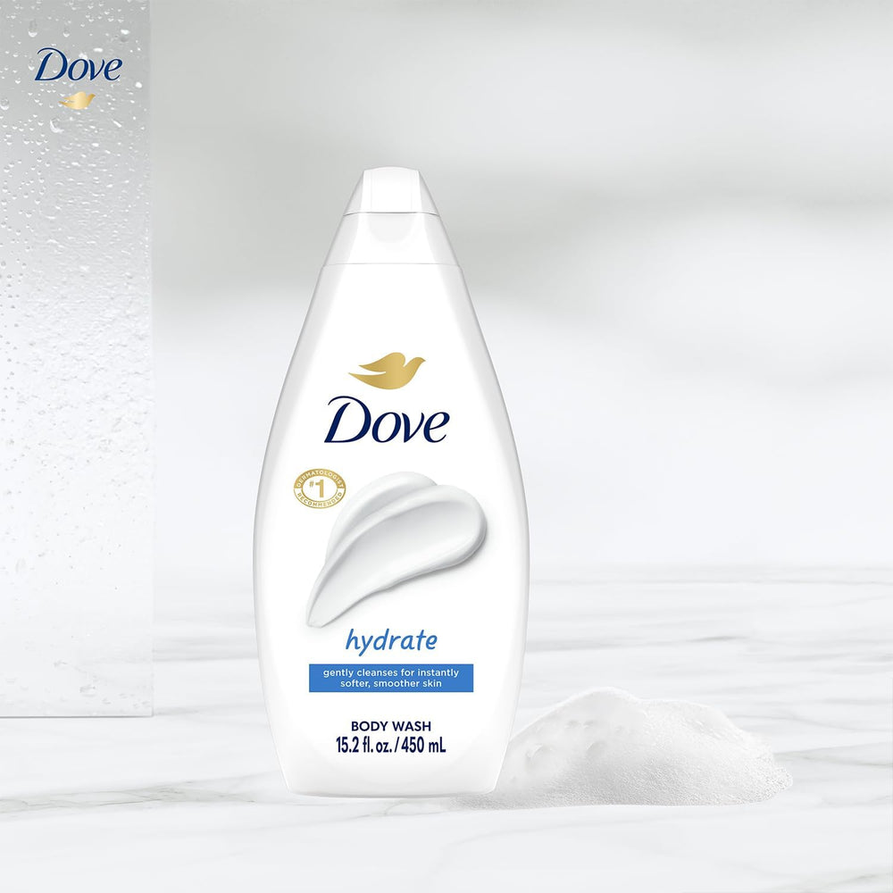 Dove Hydrate bottle front view emphasizes product design and moisturizing benefits.