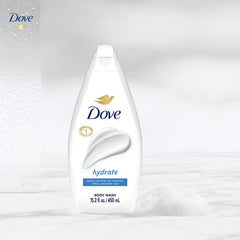Dove Hydrate bottle front view emphasizes product design and moisturizing benefits.
