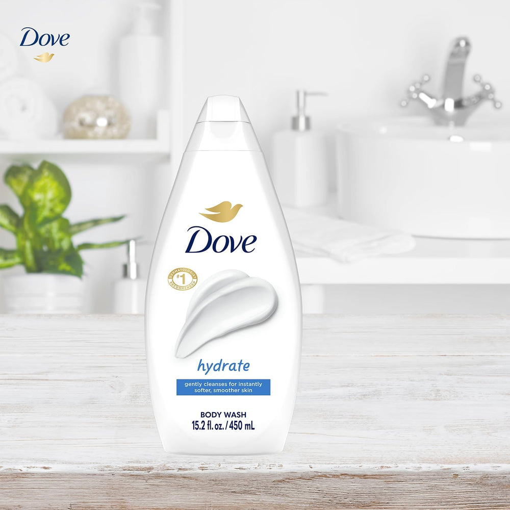 Dove Hydrate bottle label closeup promotes gentle cleansing and skin nourishment.