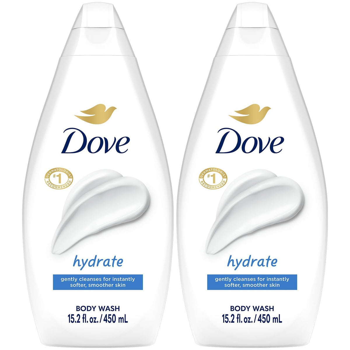 Dove Hydrate bottle pour shows a moisturizing cleanse for soft skin.