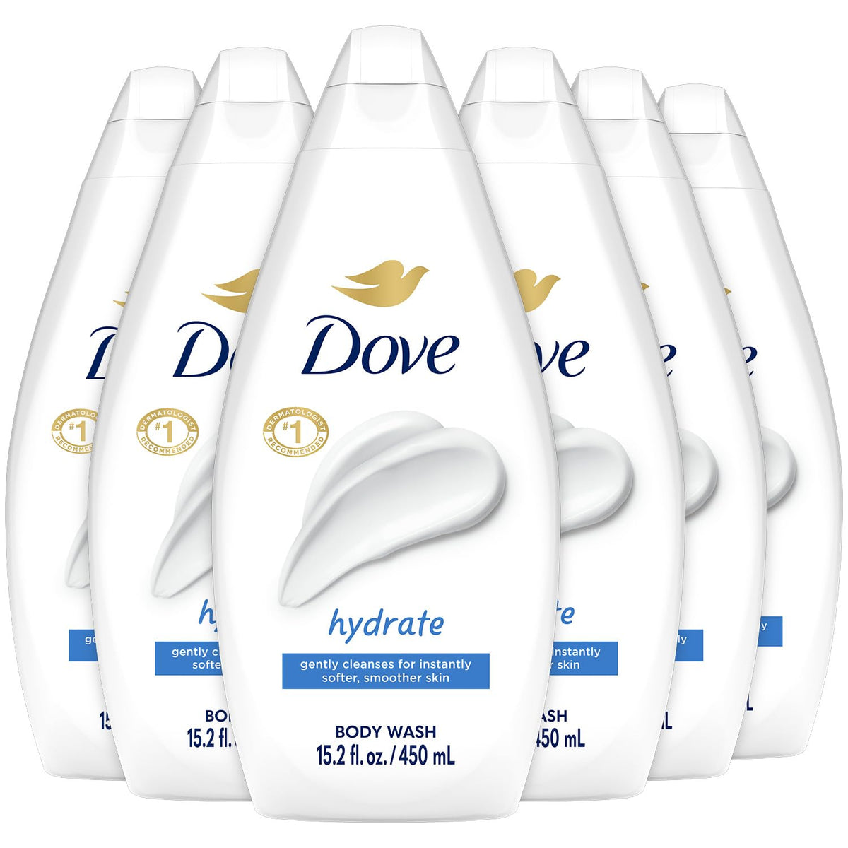 Gel douche Dove Hydrate, lot de 6 bouteilles, douceur hydratante pour la peau.