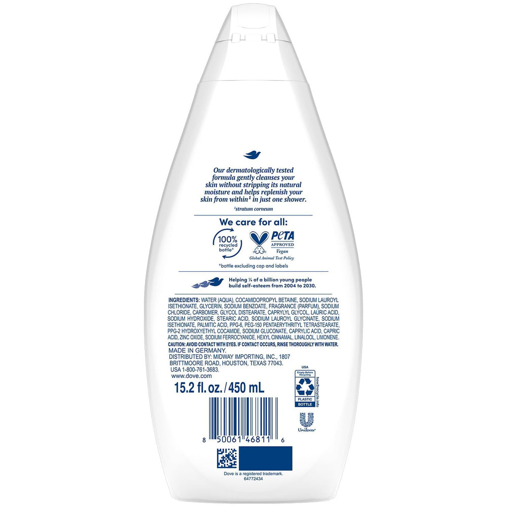 Dove Hydrate rich lather demonstrates thorough cleansing with hydrated, comfortable skin.