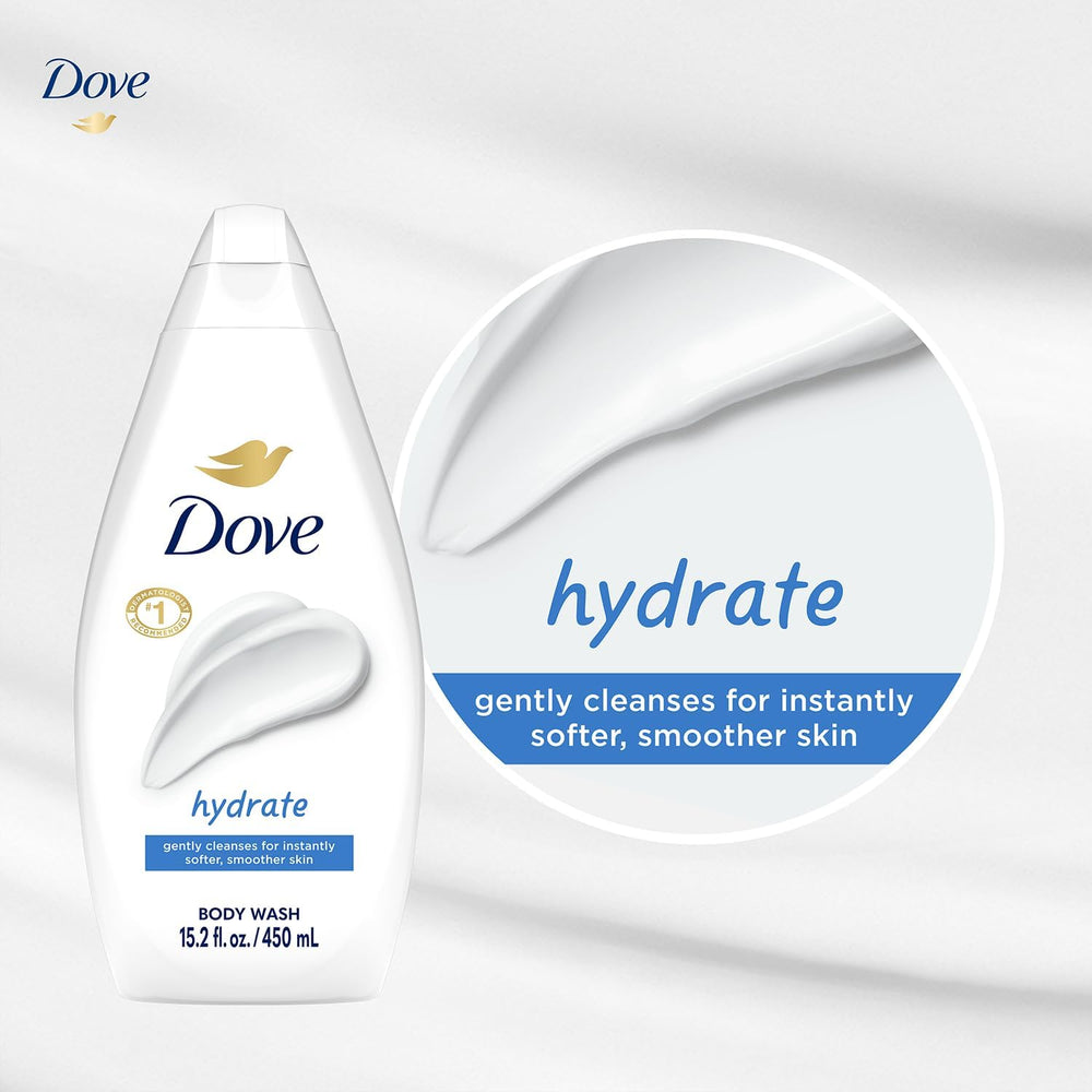 Dove Hydrate shower scene cues a refreshing routine with soft skin after wash.