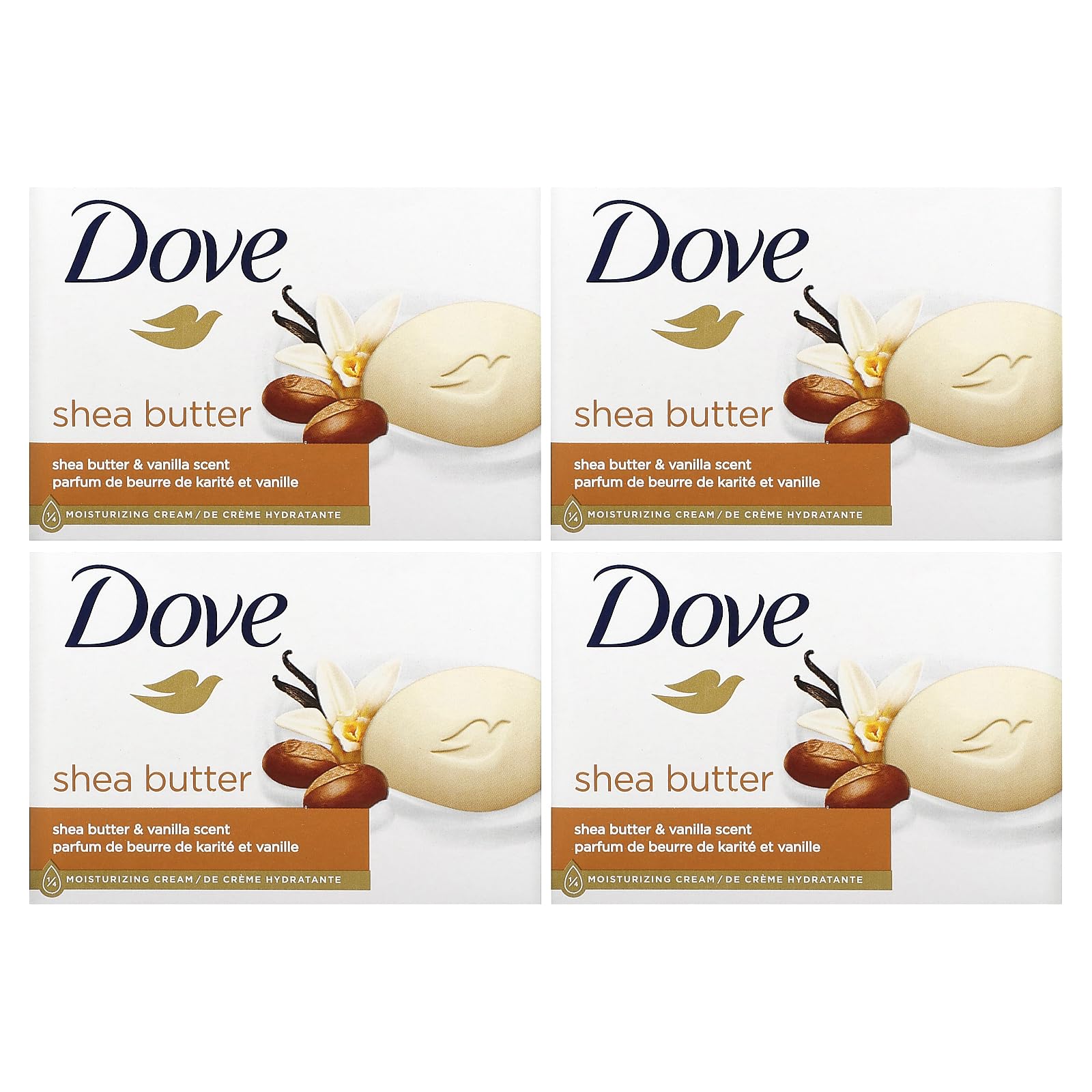 Savon Dove Karité doux emballage, présentation du savon pour une routine hydratante.