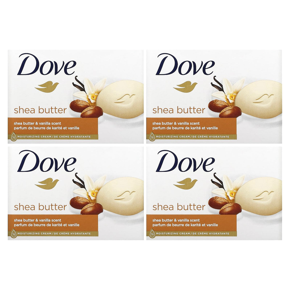 Savon Dove Karité doux emballage, présentation du savon pour une routine hydratante.
