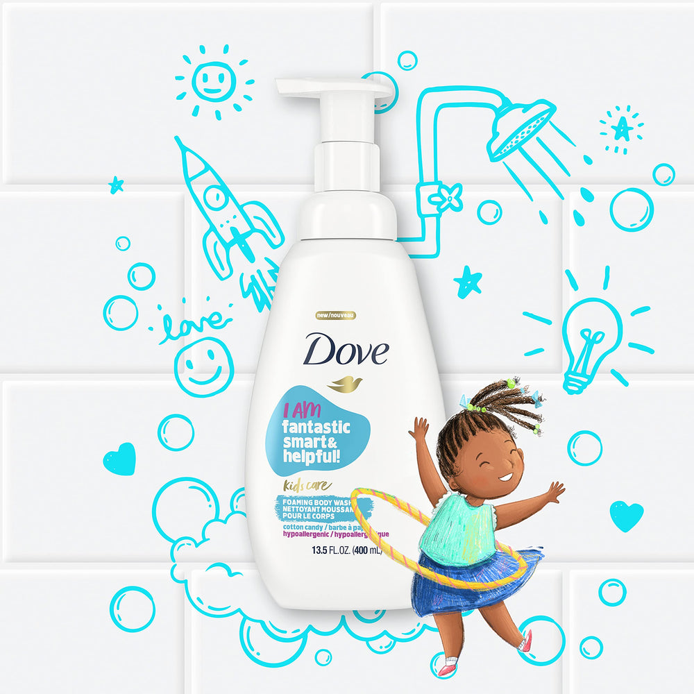 Affiche d’affirmation Dove Kids Care sur le flacon pour l’estime de soi.