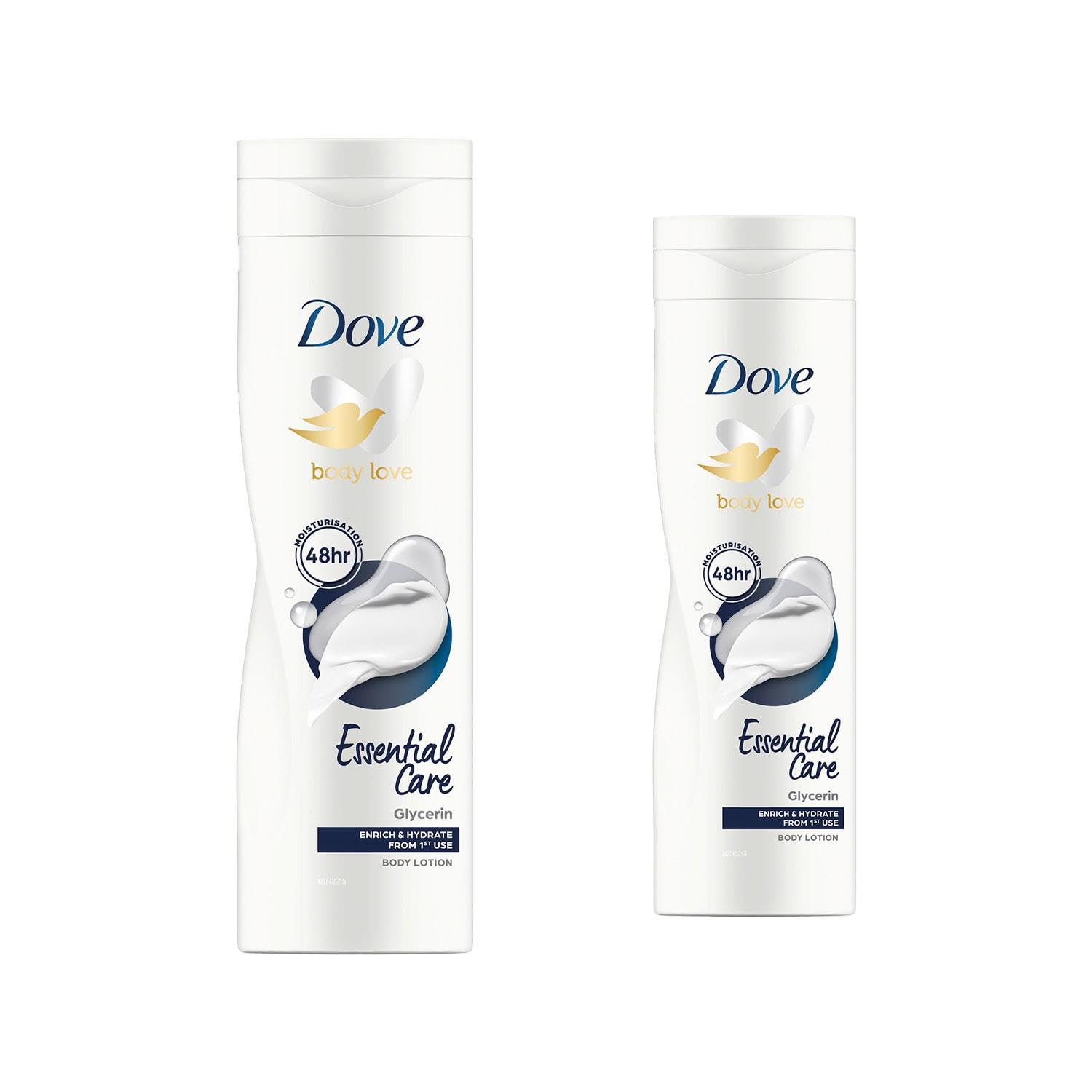 Dove Lotion Corps Nourrissante, flacon, hydratation durable pour peau sèche.