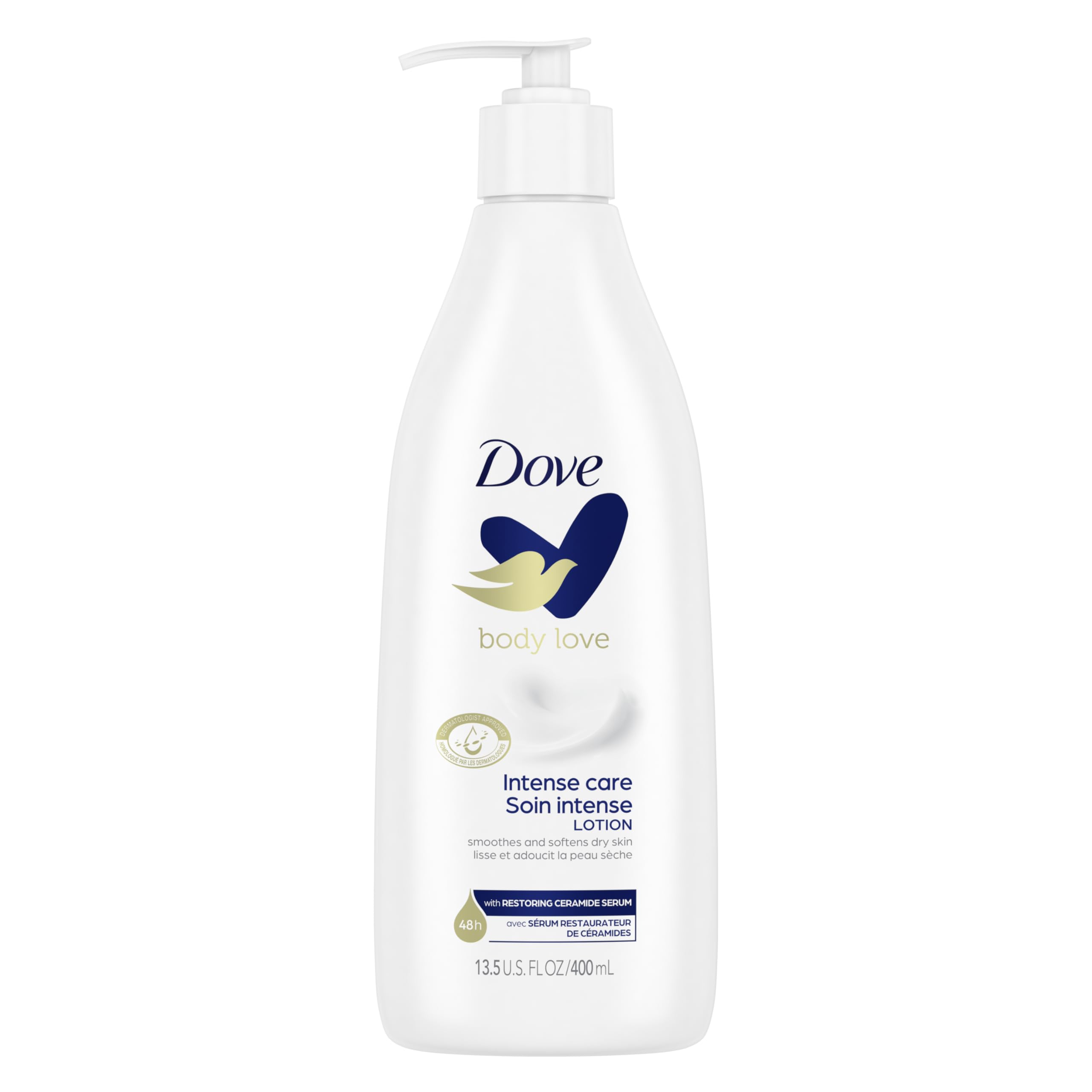 Lotion Dove Soin Intense pour le corps – bouteille, absorption rapide et peau hydratée durablement.