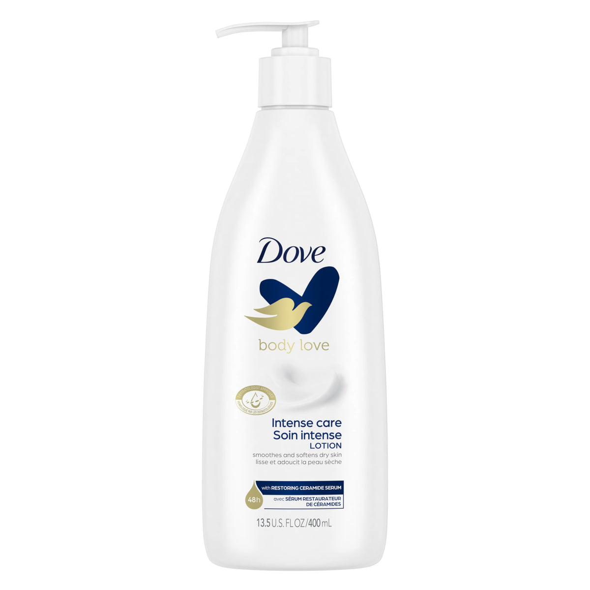 Lotion Dove Soin Intense pour le corps – bouteille, absorption rapide et peau hydratée durablement.