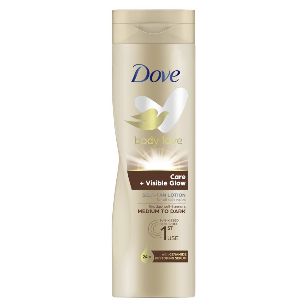Lotion Dove Visible Glow Dark dans sa bouteille 250 ml, hydratation douce et éclat naturel.