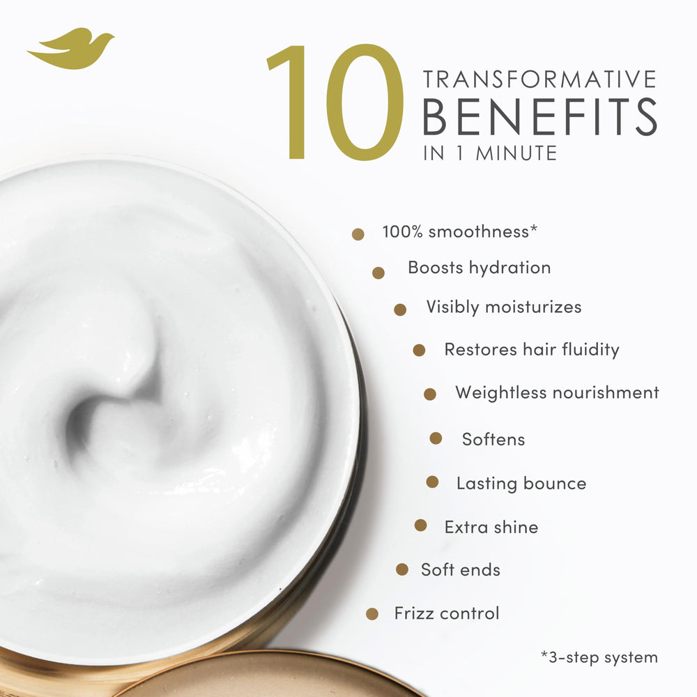 Texture crème du masque Dove appliquée sur cheveux.