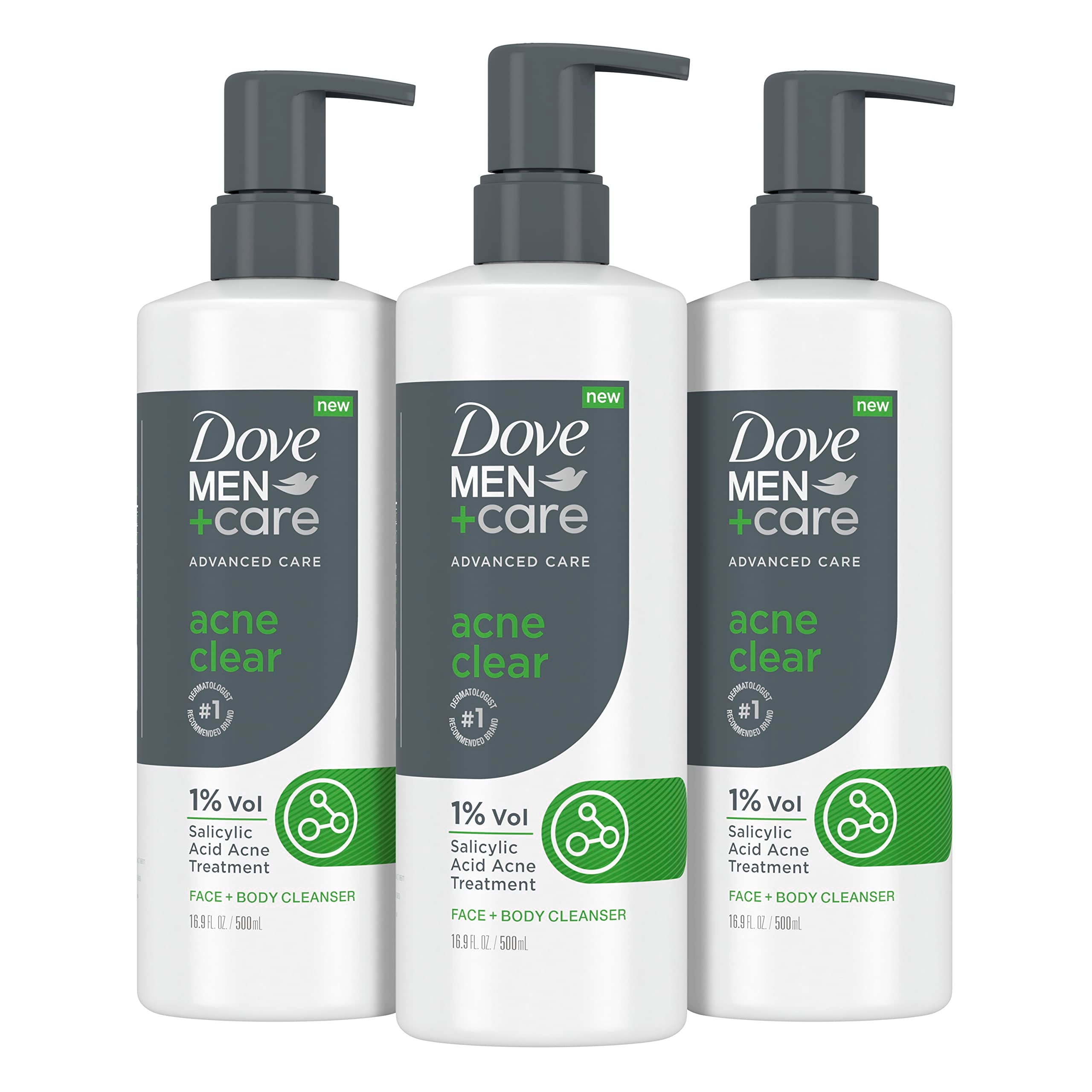 Dove Men+Care Acne Clear, bouteille de gel nettoyant visage et corps, 1% acide salicylique.