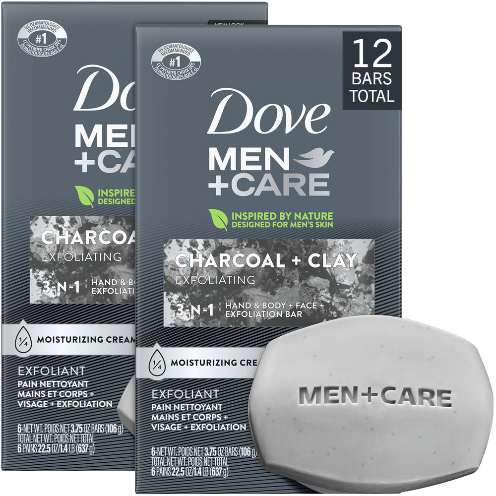 Barre Dove Men+Care Charbon Exfoliant – nettoie et exfolie en douceur pour peau sèche.