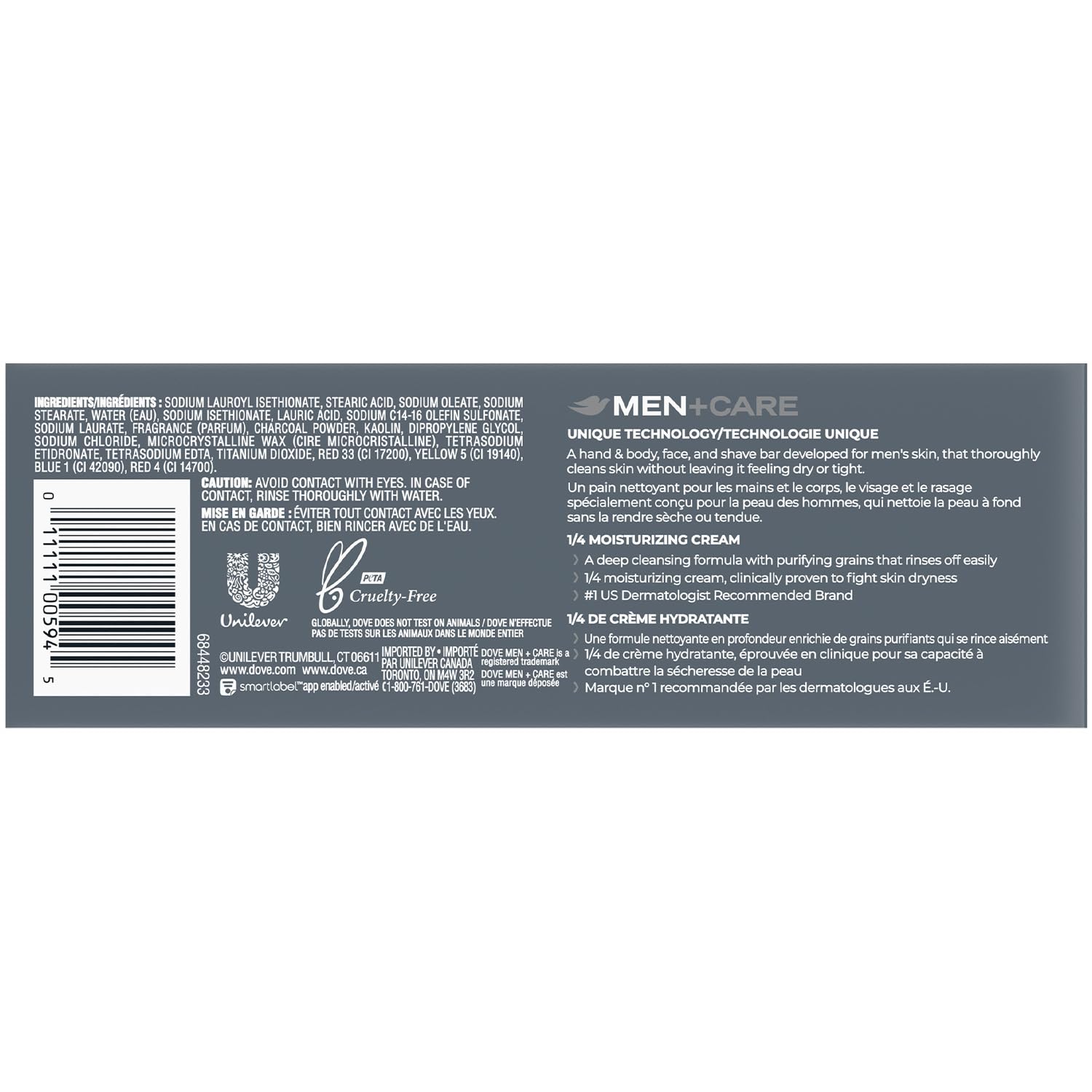 Barre Dove Men+Care Charbon texture cremeuse – mousse riche pour une peau propre et douce.