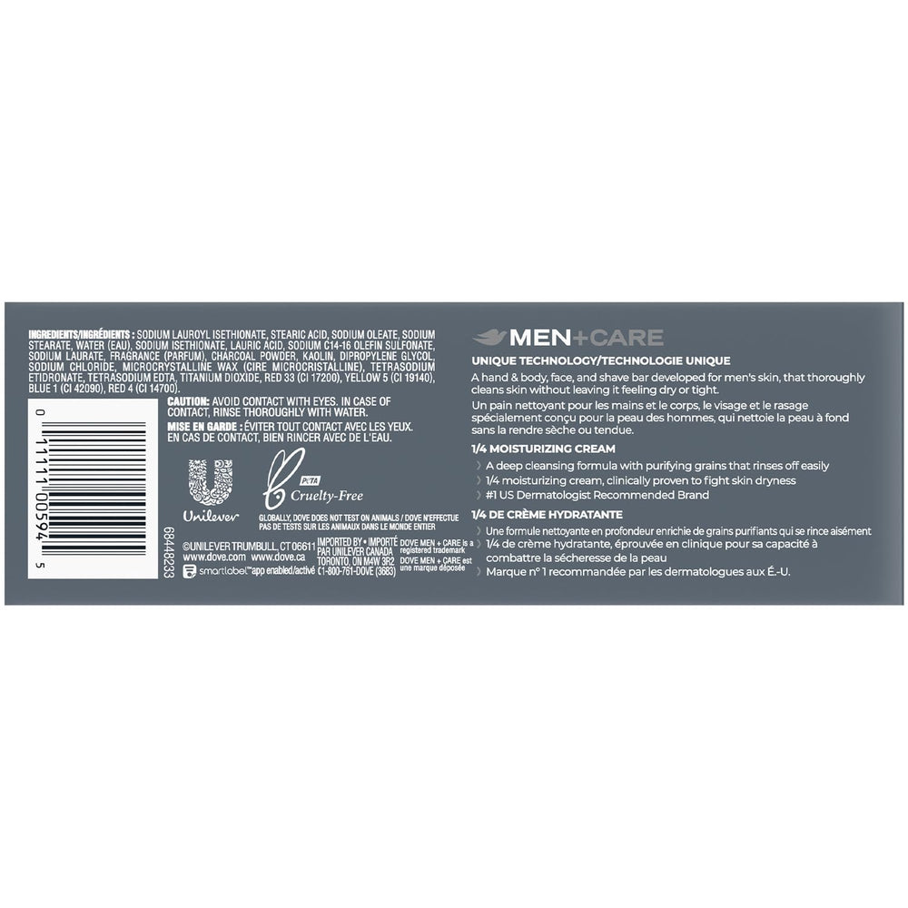 Barre Dove Men+Care Charbon texture cremeuse – mousse riche pour une peau propre et douce.