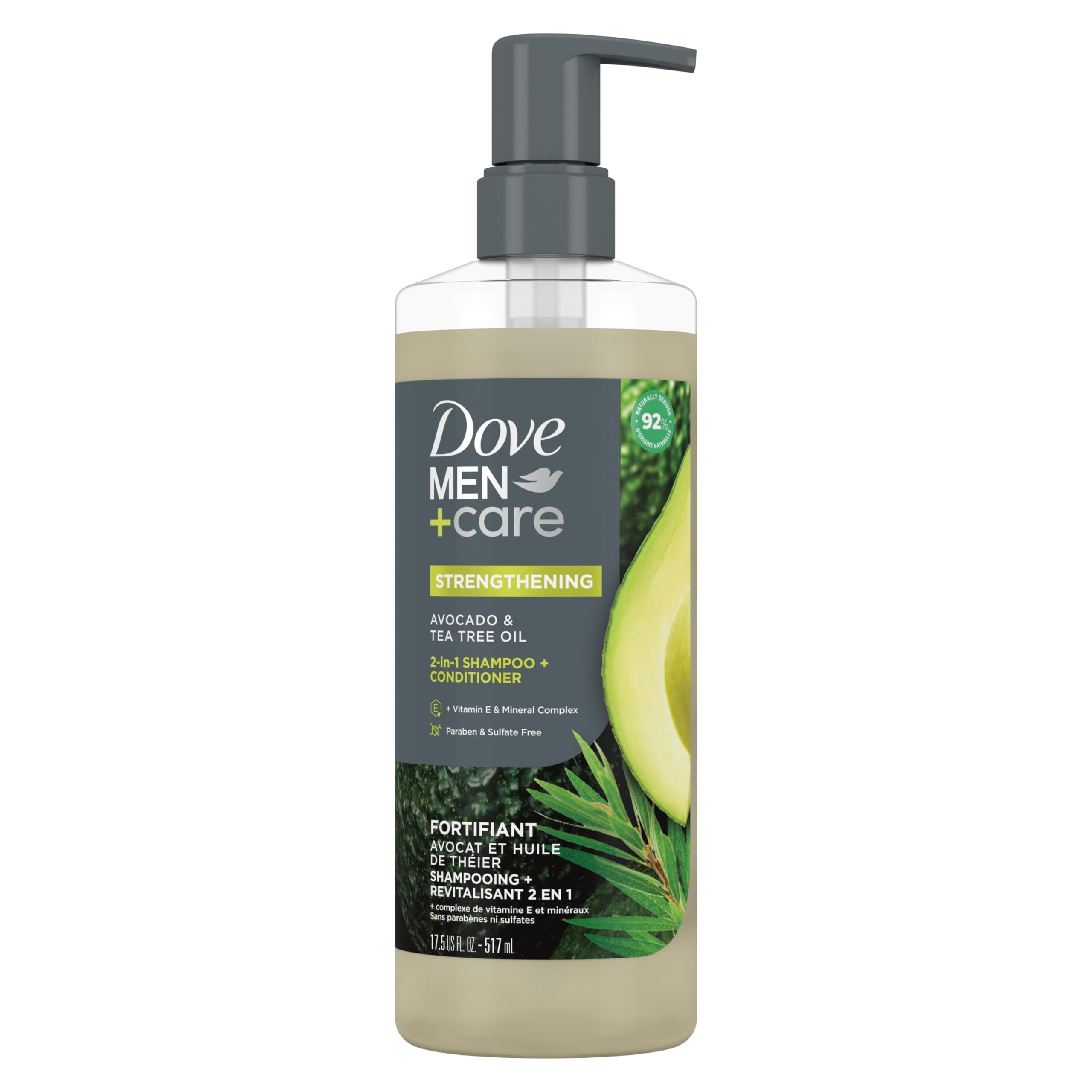 Bouteille Dove Men+Care 2-en-1 Avocat et Thé pour cheveux renforcés.