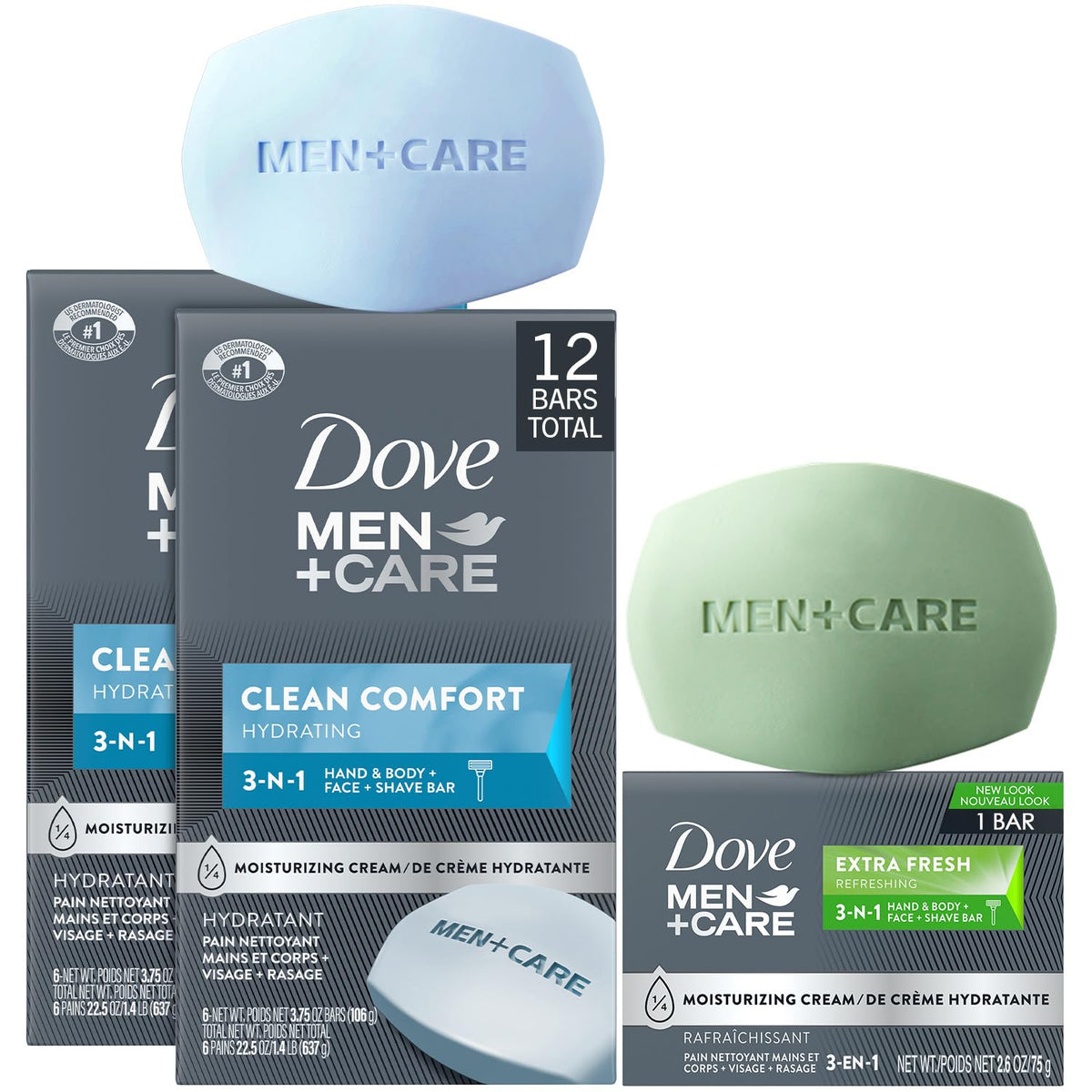 Dove Men+Care Clean Comfort, barre 3-en-1, hydratation quotidienne et douceur.