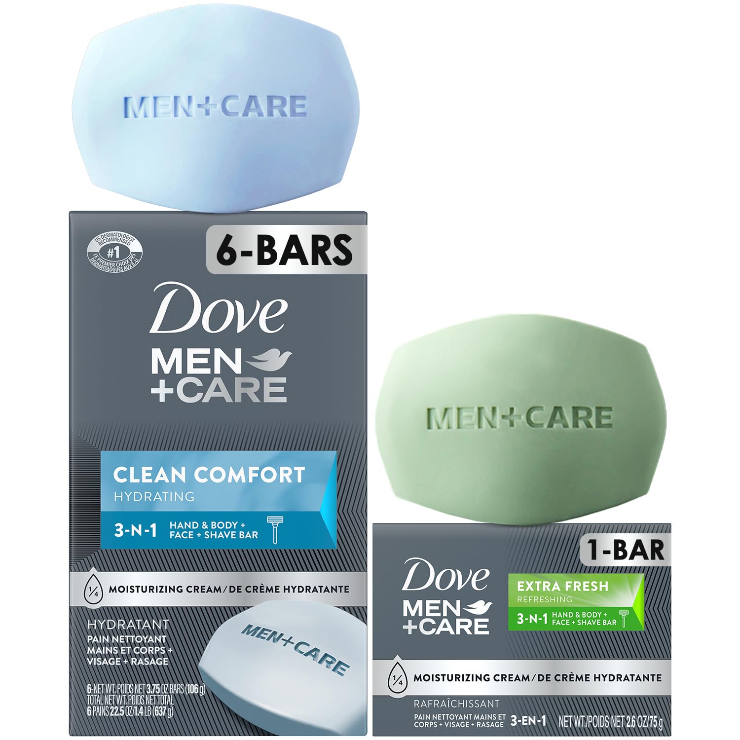 Dove Men+Care Clean Comfort barre visage et corps, hydratation quotidienne.