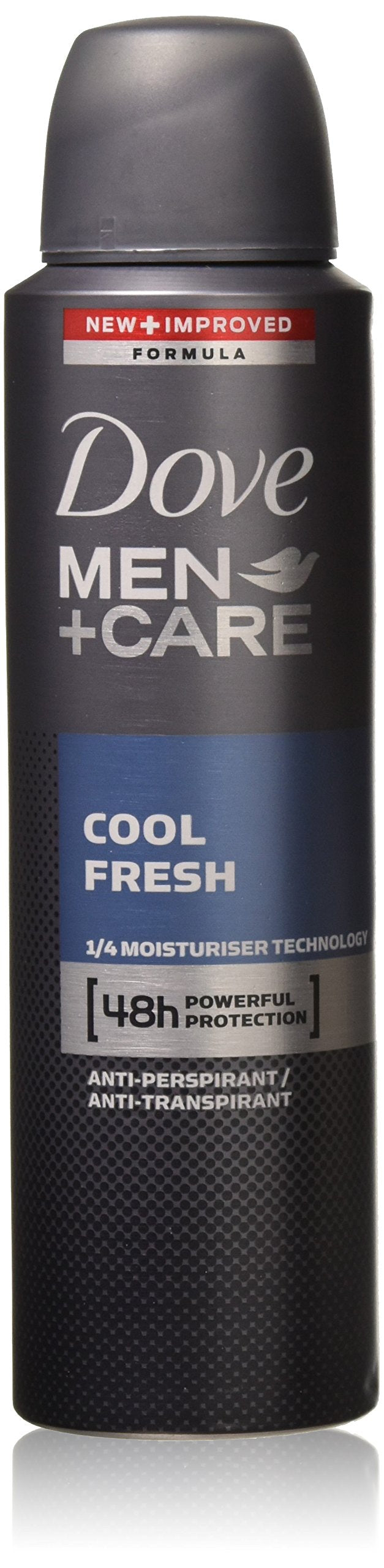 Dove Men + Care Dry Spray Cool Fresh bottle close-up showing long-lasting protection.
