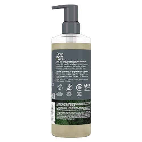 Étiquette Dove Men+Care illustrant ingrédients naturels et efficacité.