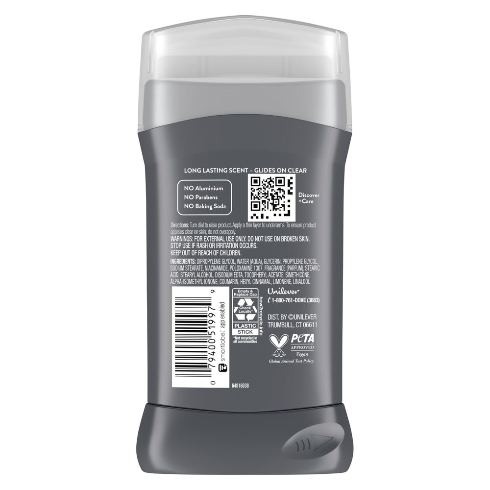 DOVE Men+Care Rustic Sandalwood deodorant stick back view showing packaging
