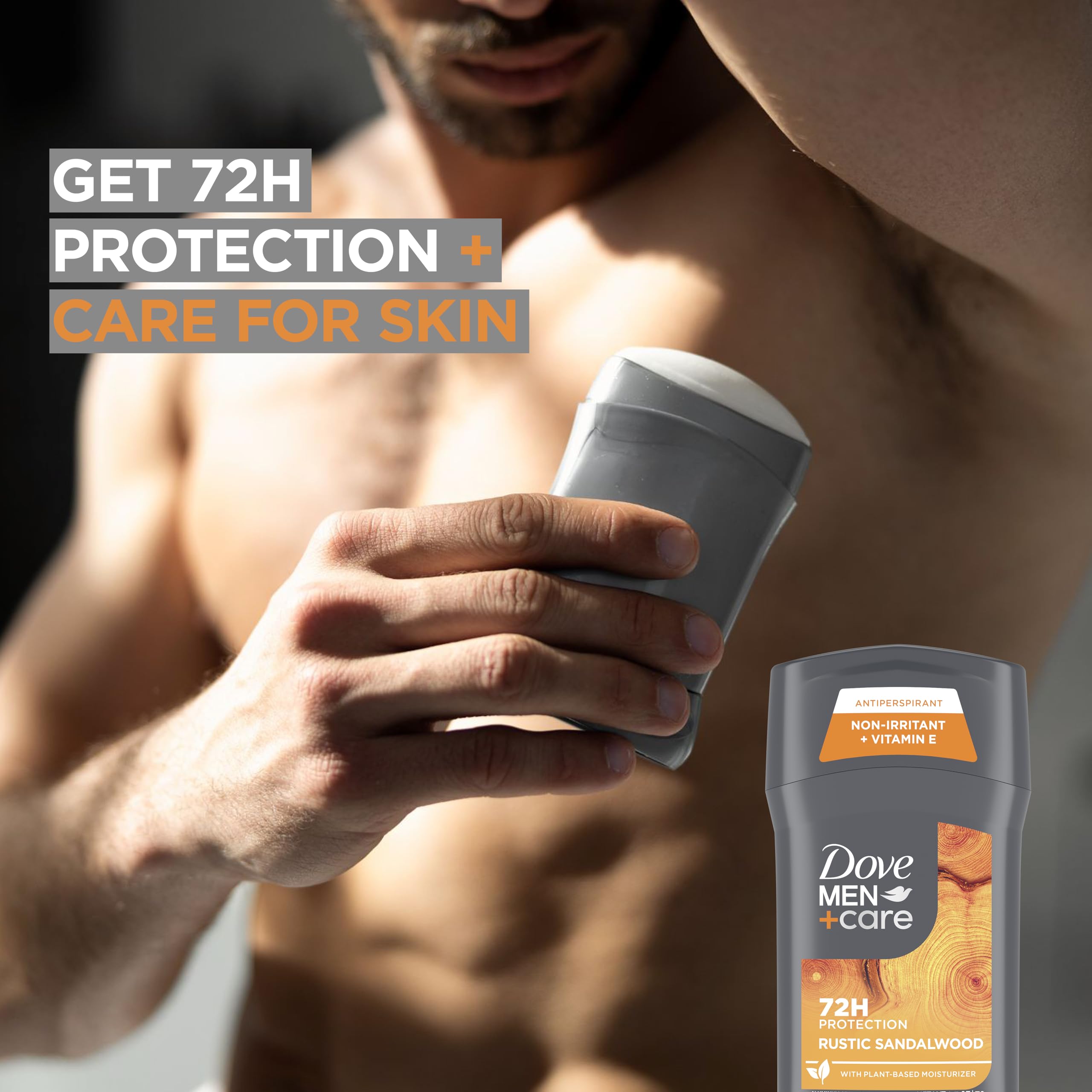 DOVE MEN+CARE Rustic Sandalwood antiperspirant stick with long-lasting scent boosts confidence.