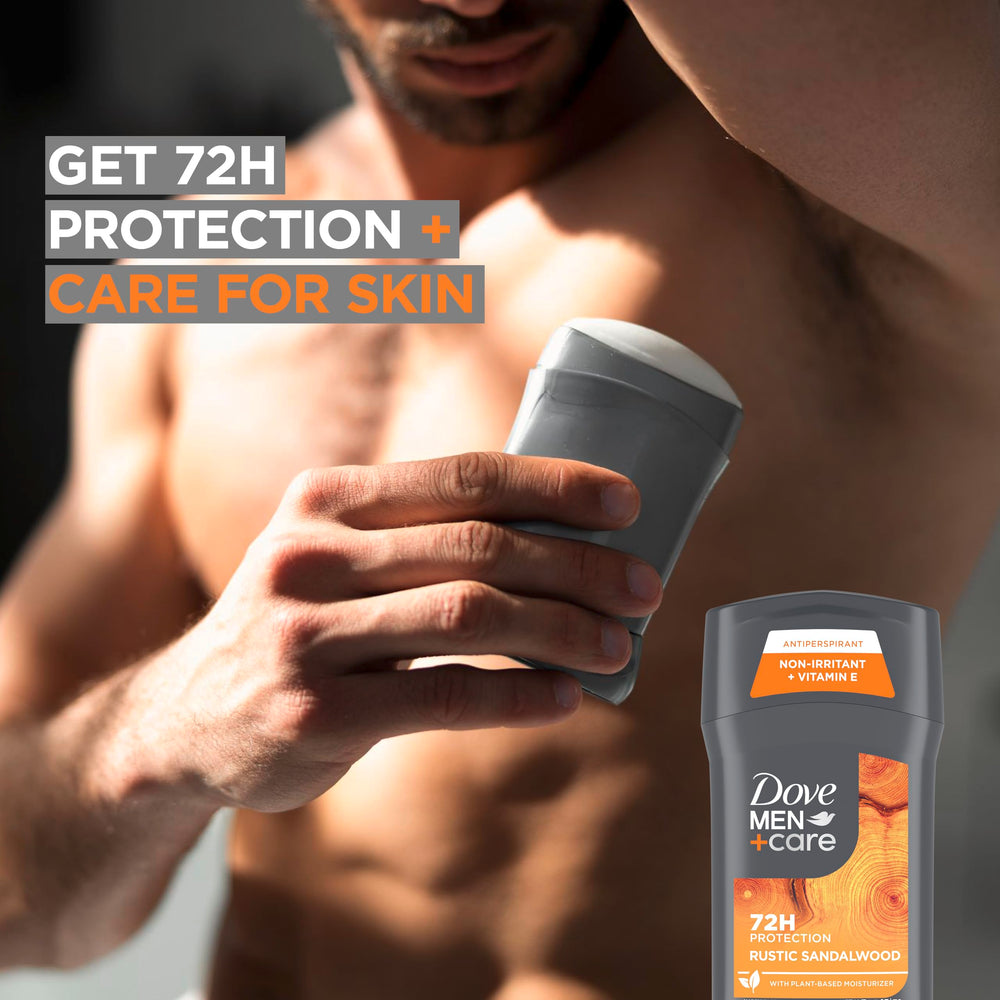 DOVE MEN+CARE Rustic Sandalwood antiperspirant stick with long-lasting scent boosts confidence.