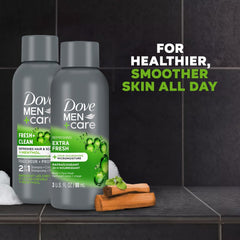 Shampooing 2-en-1 menthol Dove Men+Care, utilisation rapide en voyage.