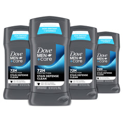 Dove Men+Care Stain Defense Clean batonnet 4-pack, emballage visible et format pratique