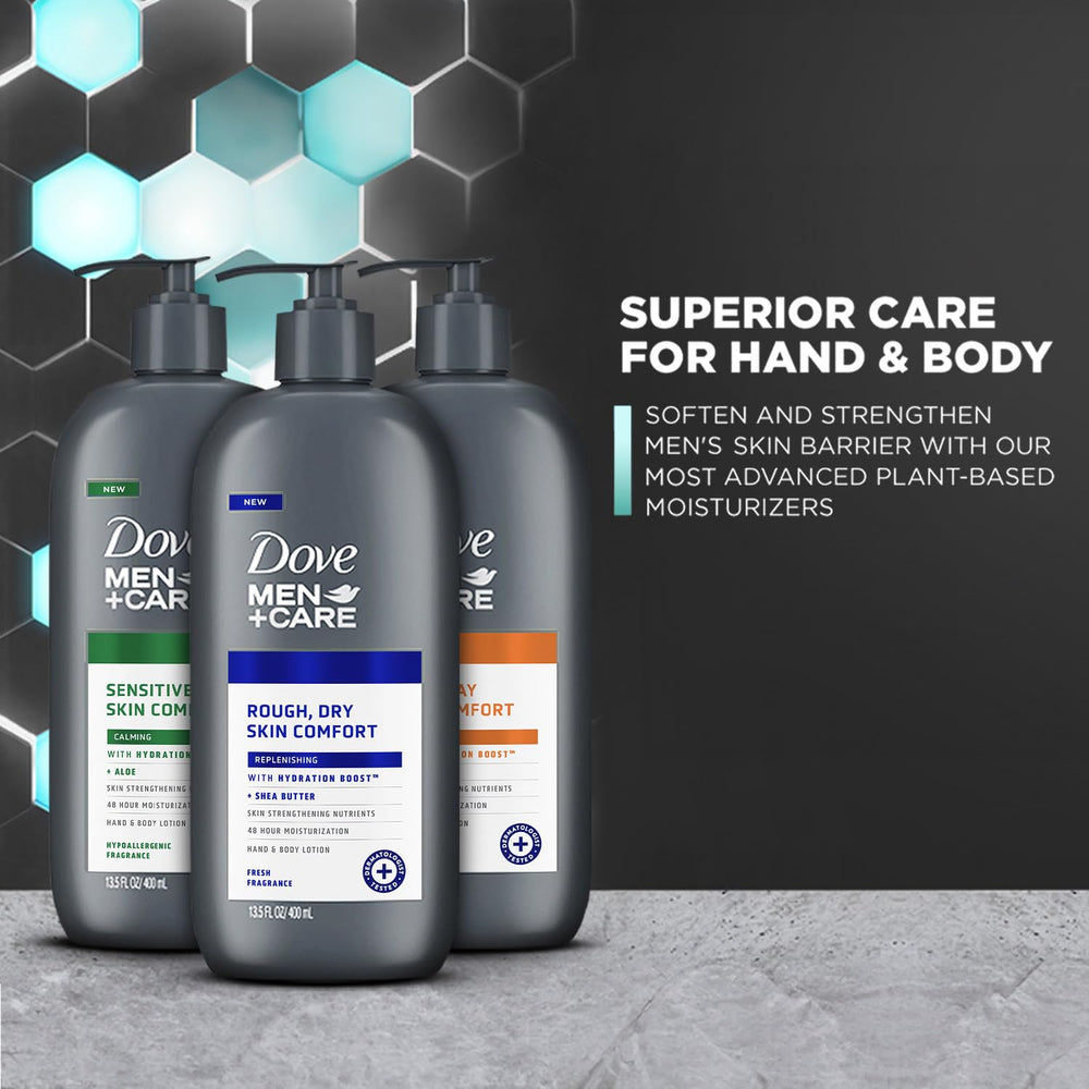 Lotion Dove Men+Care confort quotidien, huile de jojoba et hydratation durable.