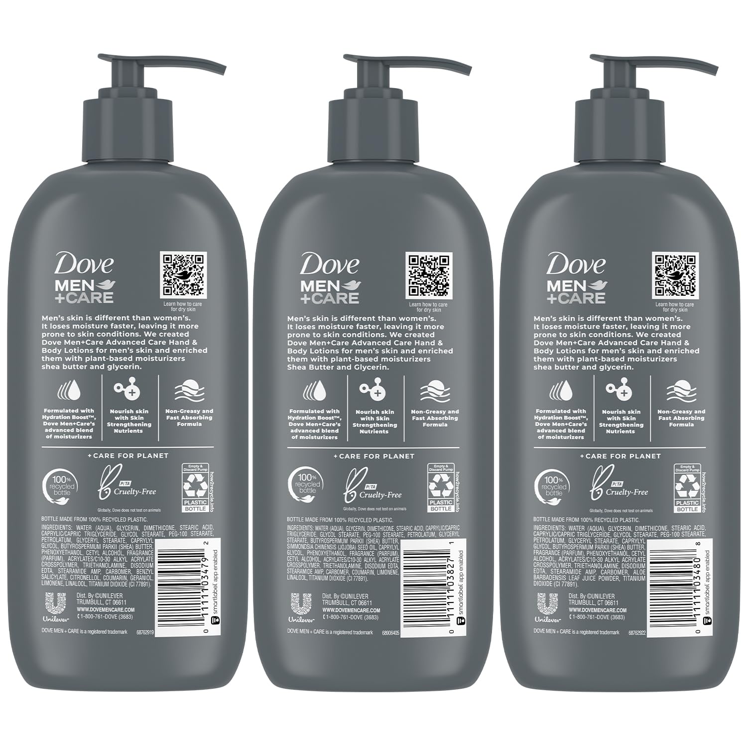Lotion Dove Men+Care peau sensible à l’aloe vera, douceur apaisante et hydratation.