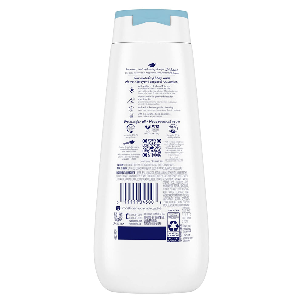 Dove minéraux marins exfoliation douce révèle peau lumineuse.
