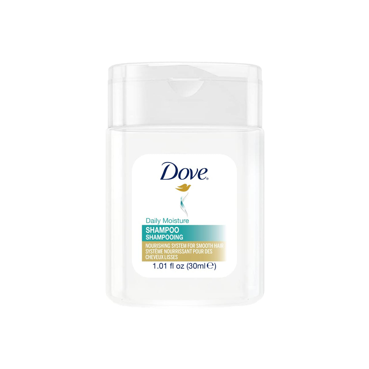 Bouteille Dove mini-shampoing hôtel avec bouchon rabattable, pratique pour les séjours
