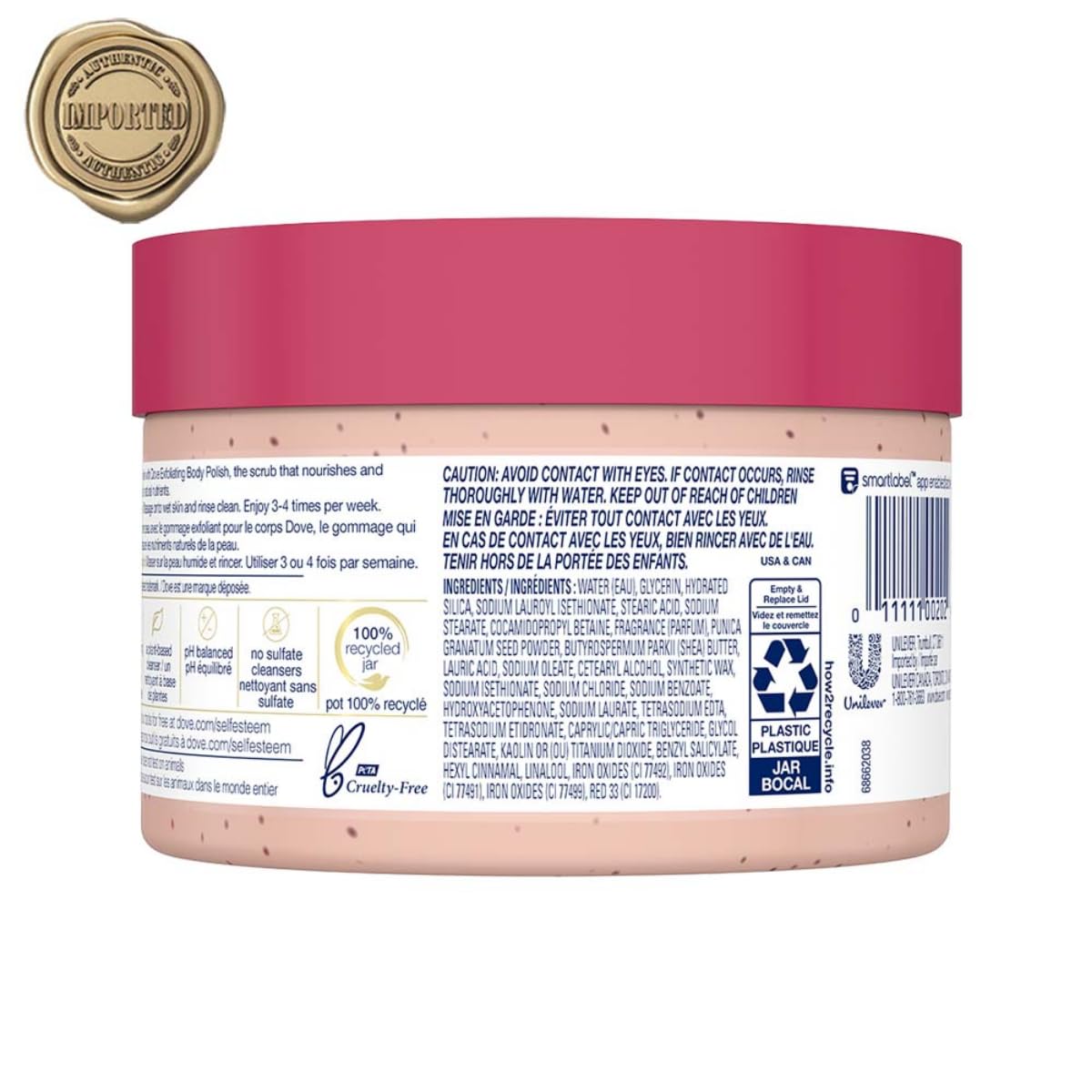 Parfum grenade fruity Dove pendant l exfoliation corporelle.