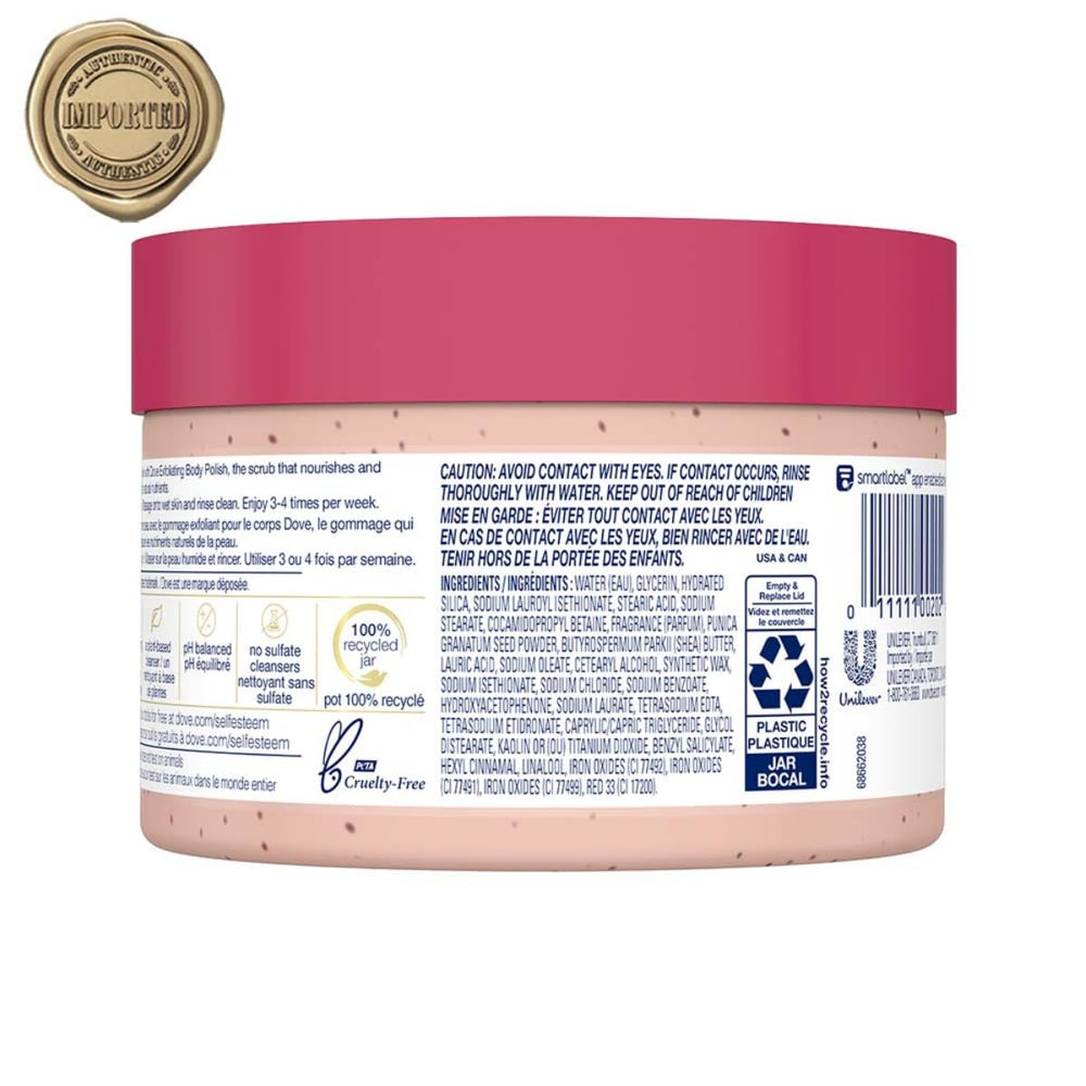 Parfum grenade fruity Dove pendant l exfoliation corporelle.