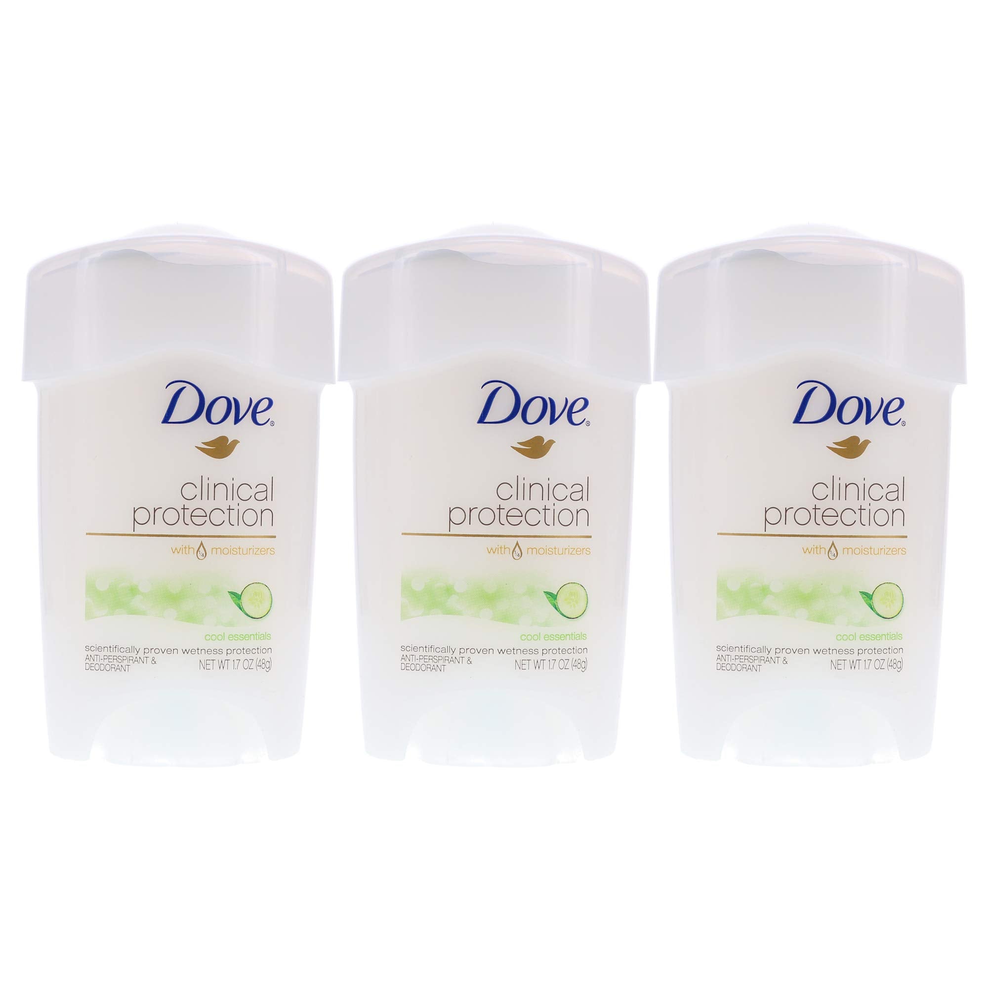 Dove Protection Clinique Frais Essentiels, vue groupe montrant le lot triple et sa fraîcheur.
