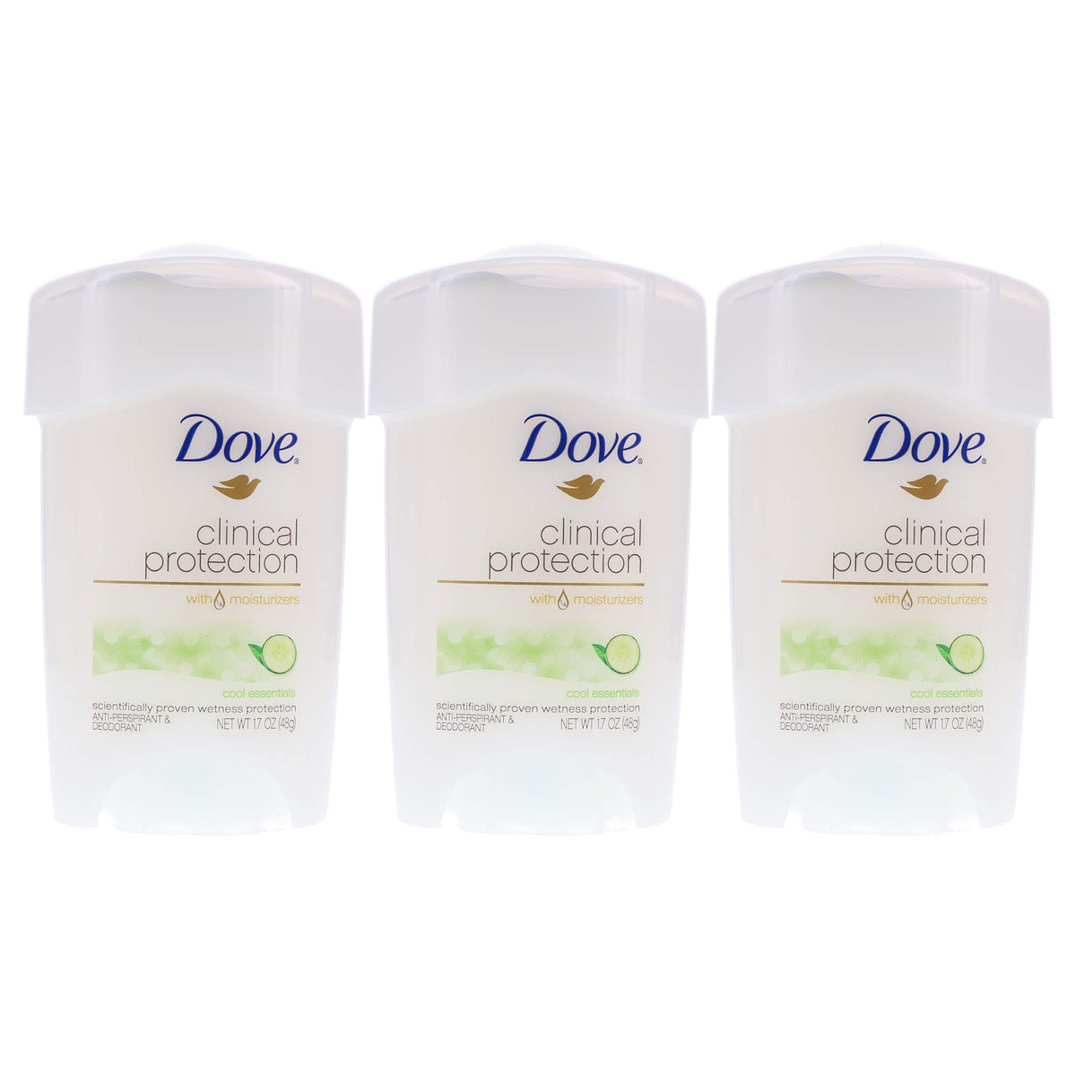 Dove Protection Clinique Frais Essentiels, vue groupe montrant le lot triple et sa fraîcheur.