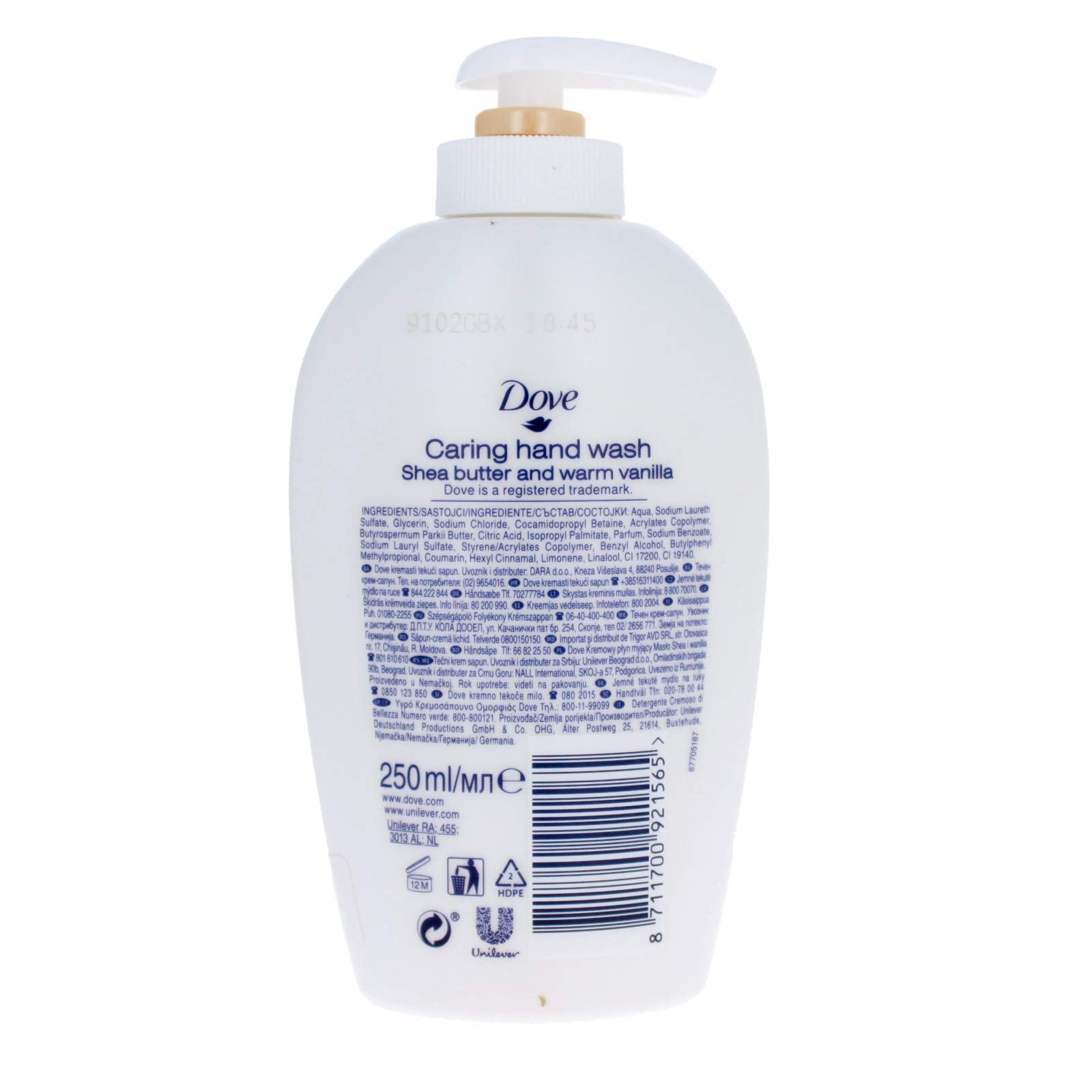 Dove Purely Pampering mousse veloutée vanille, soin mains quotidien.